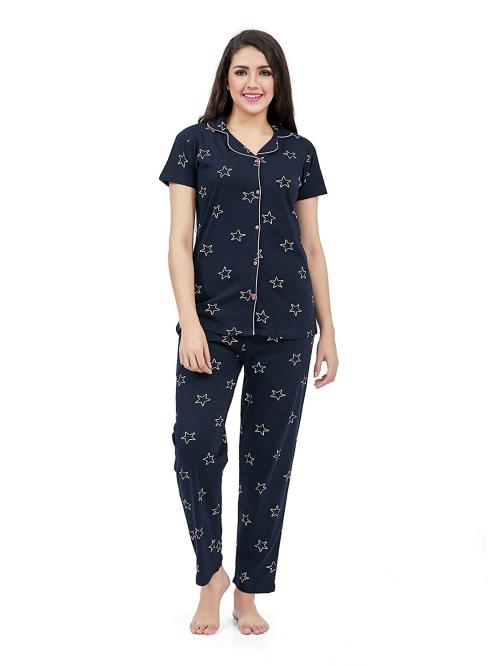 SCKIRASA Women Dark Blue Printed Cotton Night Suit - L