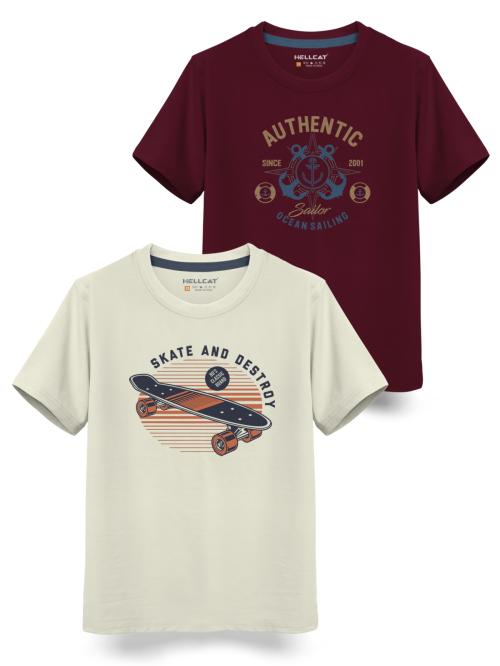 HELLCAT Beige , Burgundy Trendy Graphic Printed Typographic Cotton Blend Crew Neck / Round Neck Half Sleeve T-shirt for Boys