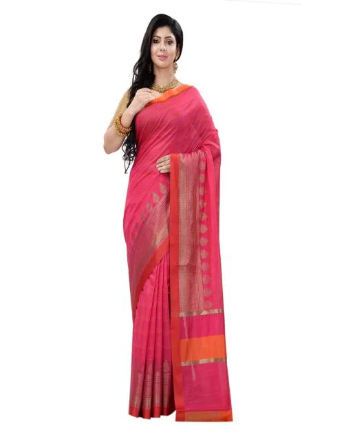 Naeusa Banarasi Chanderi Cotton Slub Silk Saree Pink (Rani) Colour with Blouse for Women