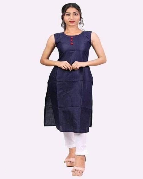 POXIMO Heavy Cotton Blend Fabric Hot Fix Work Stitched Kurtis BLUE(L)