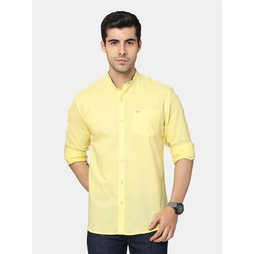 Veerya Men's Cotton Linen Lemon Yellow Plain Shirt - Size -46(2XL)