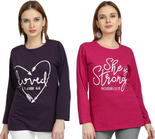 CHOZI Women Multicolor Graphic Print Cotton Blend Pack of 2 T-Shirt