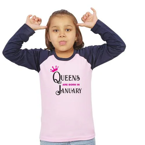LIMIT Fashion Store - Queens Are Born In January Kids T-Shirt (2 Years) (Girls) Baby Pink - Navy Blue