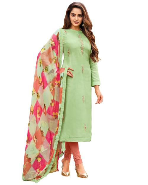 Rajnandini Women's Pista Green Chanderi Silk Embroidered Semi-Stitched Salwar Suit Material