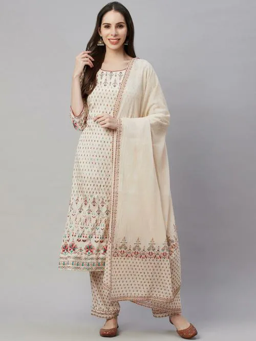AMIRA'S INDIA ETHNIC WEAR Womens Printed Embroidered A-Line Kurta Pant Dupatta Set (Beige)