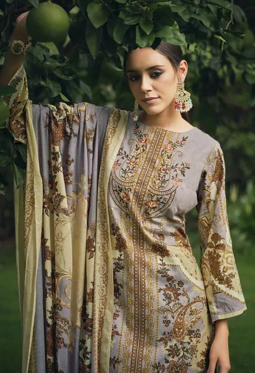 THE JAZZBAAT Unstitched Cotton Suit Print Embroidered Pakistani Dress Materials with Cotton Dupatta Unstitched Dress Material For Women (Grey)