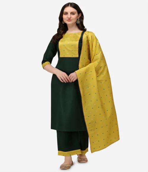 Sitaram Designer Women Dark Green Jacquard Patch work Cotton Blend Straight Kurti, Palazzo with Dupatta