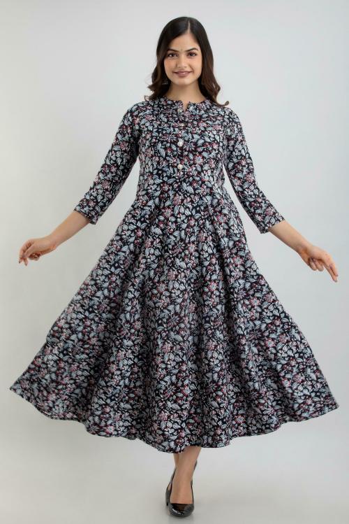 WOMEN TOUCH Women Black Printed Rayon Gown Dress