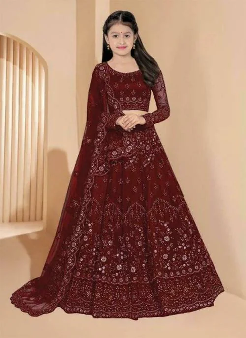 FULPARI Girls Lehenga Choli Ethnic Wear Embroidered Lehenga Choli and Dupatta Set ( Maroon )