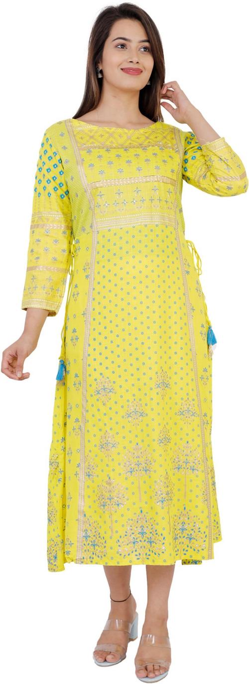 Unisets Womens Yellow Printed Rayon Kurta