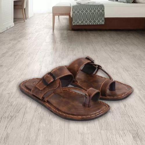 STYLE HEIGHT Men Leather Slipper Durable Comfortable Synthetic Leather Slip On Flipflop Slippers for Daily Use Outdoor/ Indoor - Coffee Brown