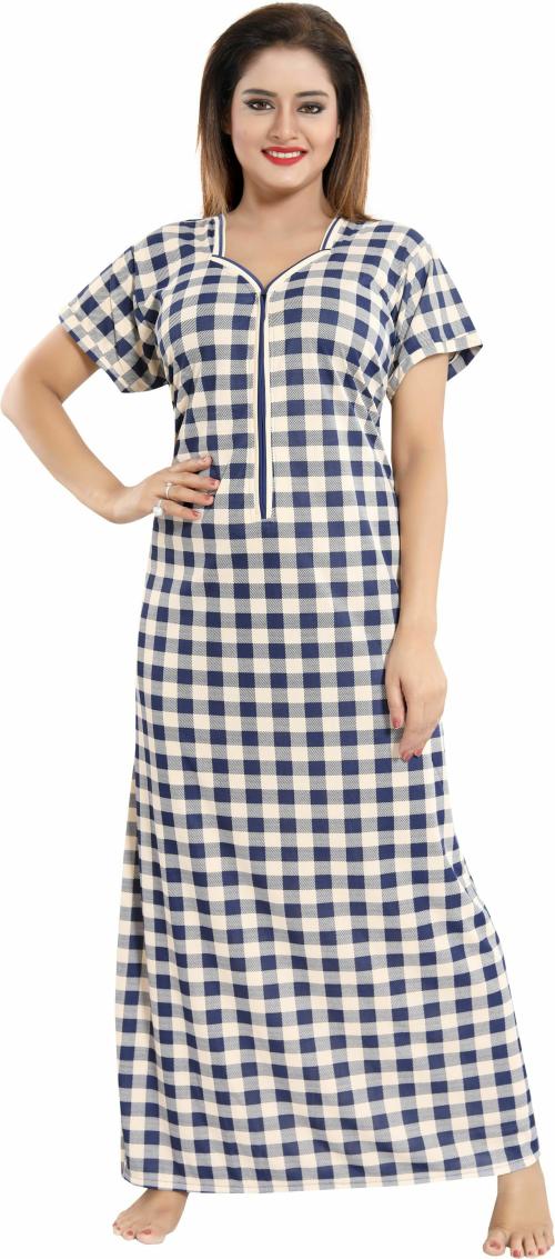 SHOPPING STATION Women Blue Checkered Satin Maternity and Nursing Nighty - Free Size