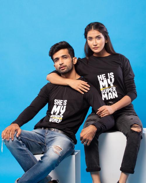Lappen Fashion Men And Women Black Printed Pure Cotton Pack Of 2 Couple T-Shirt (L)