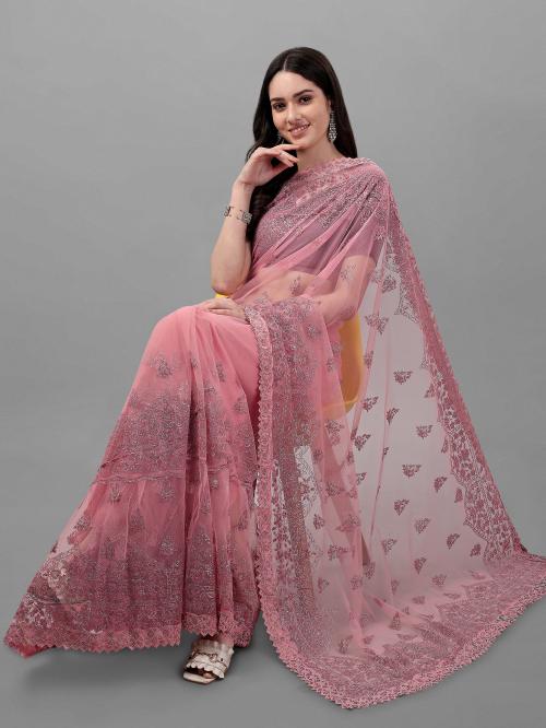 Shree Sheetal Fashion & Art Women's Zari And Beads Printed Net Saree With Blouse Pieces (DFJS15)
