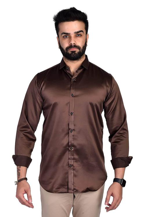 Selyem Satin Men Brown Casual Shirt Brown S