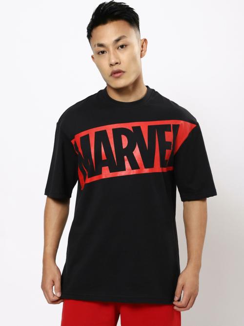 Bewakoof Men's Black Red Marvel Typography Round Neck Short Sleeve Oversized T-shirt