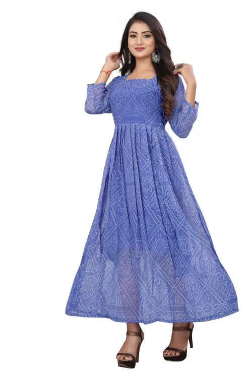 Alisi Womens Poly Georgette Bandhani Print Flared Long Gown (Light Blue)