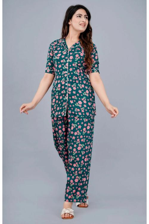 Mintmarie Women's Printed Night Suit Shirt & Pajama Set (XL)