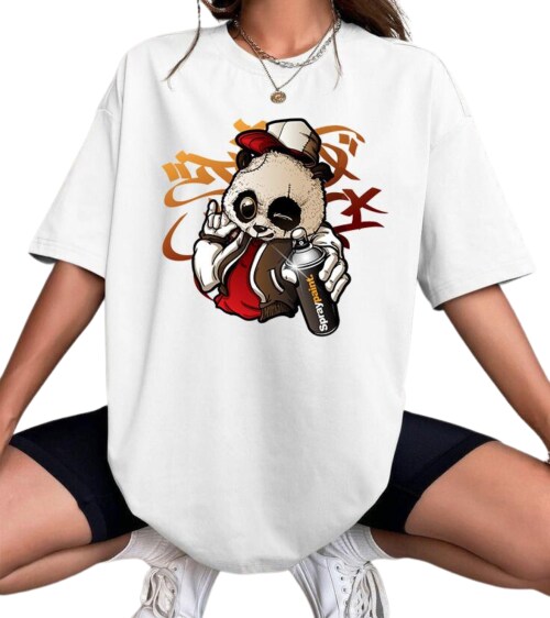 Calm Down Round Neck Printed Oversized PandaSP T-shirt For Women- 3/4-WOMEN-WHITE-PANDASP-L