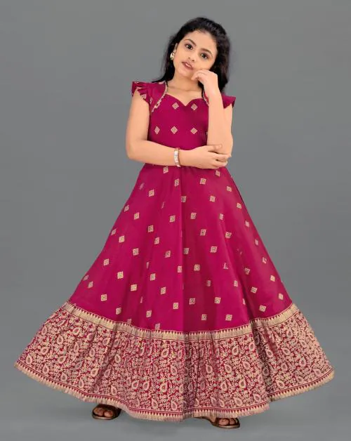 Fashion Dream Girls Pink Foil Printed Crepe Silk Pack Of 1 Dress | Dresses | Kids Wear | Girls Dress | Kids Dress | Dress | Dresses For Girls | Maxi Dress | Kids Girls Dress