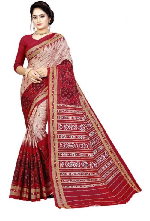 Tulsi Women Red Printed, Digital Print Pure Cotton Sambalpuri Saree