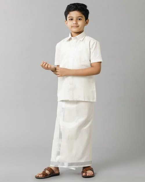 Ramraj Cotton Boys Silver Color Tissue Shirt and Dhoti