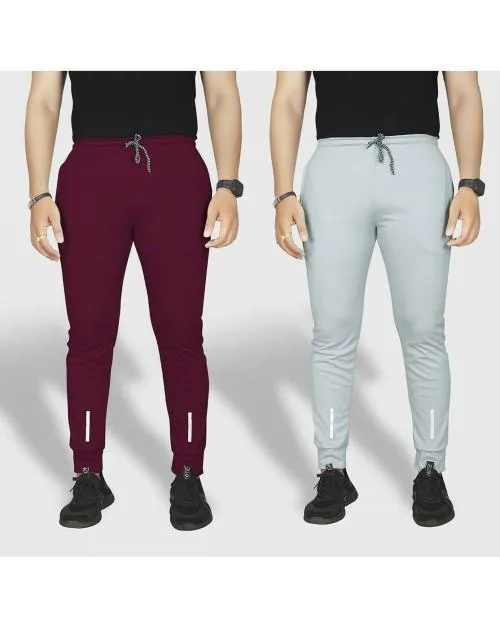 Suzaro Men Maroon and Light Grey Solid Lycra Blend pack of 2 Track Pants (Medium)