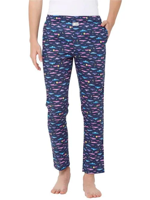Evolove Men Dark Blue Printed Cotton Pajama Loose Fit With Pockets (M)