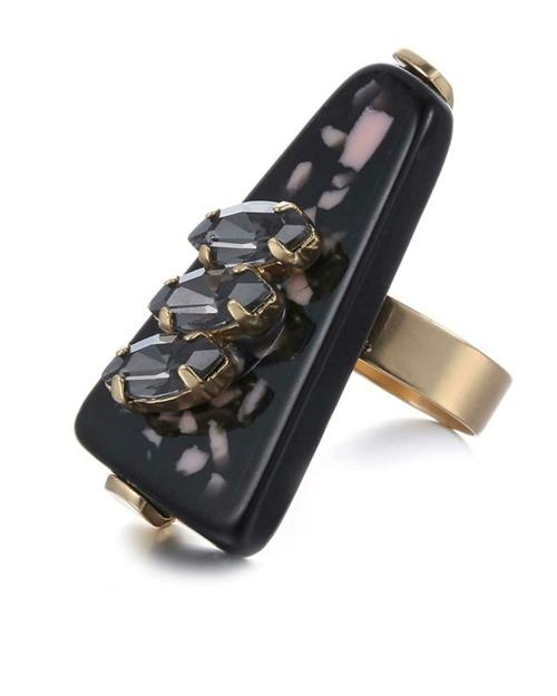Young & Forever Trendsetter Celebrity Inspired Gold Geometric Cluster Black Crystal Embellished Statement Cocktail Fashion Ring For Women/Girls Jewelry