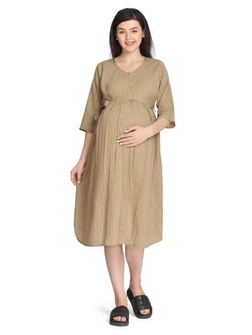 Lovely Mom's Women's Cotton Rayon Striped Maternity Dress,Breastfeeding Dress With Zippers,Nursing Dress for Pregnancy Yellow - XL