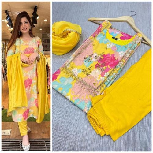 HAVISHE CLUB Women Yellow Floral Print Rayon Kurta With Trouser And Dupatta Set (XL)