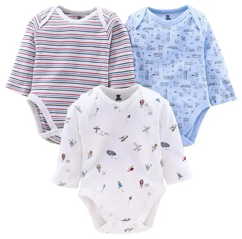 I Bears Full Sleeves Onesies Rompers for Baby Boys and Baby Girls made of 100% Cotton Bodysuit Set(Striped,White,Dark Blue 3-6 months) Pack of 3