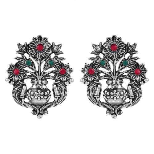 ADMIER Silver Oxidised flower pot Design faux ruby emerald Studed ...