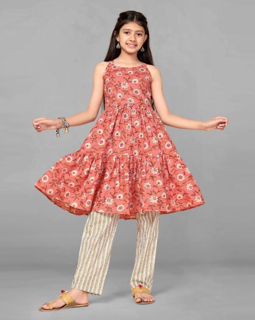 Fashion Dream Girls Peach Floral Printed Cotton Tiered Kurta And Pant Set | Girls Ethinc Set | Kids Wear | Ethnic Wear