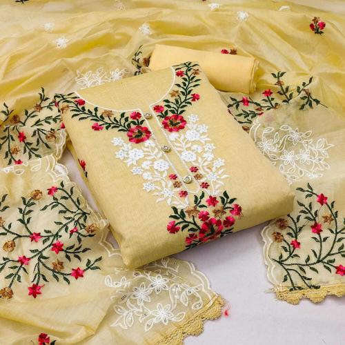 THE WOMENS THREAD Women Yellow Embroidered Chanderi Unstitched Salwar Suit Material - Kanika