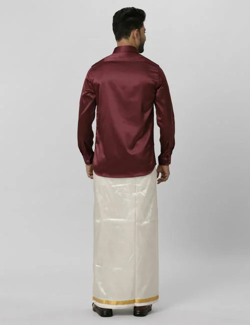 RAMRAJ Men Poly Cotton Berry Red Colour Shirt Full Sleeves With Double Dhoti