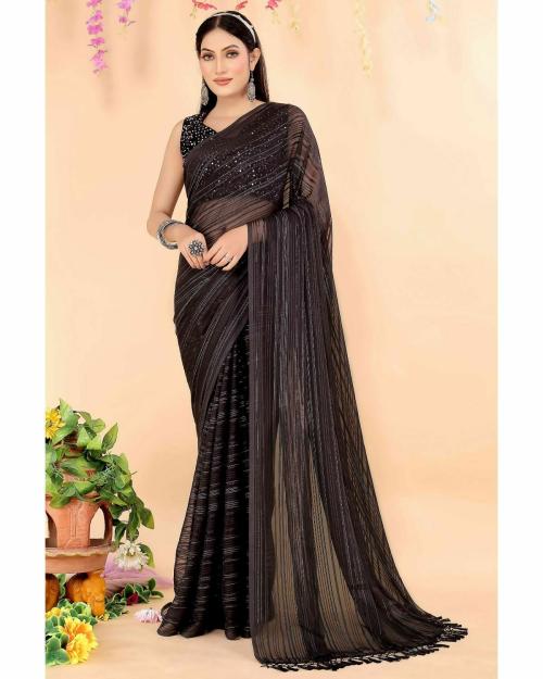 VKARAN Womrn's Black Lycra Sequence and Latkan Work Striped Saree With BlouseCasual Wear Art Silk Saree For Women | Cotton Saree | Latest