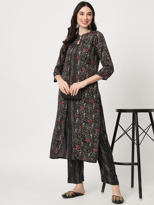 AMIRA'S INDIA ETHNIC WEAR Womens Rayon Printed A-line Jacket Style Kurta Pant Dupatta Set (Black)