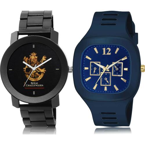 NEUTRON Modern Italian Designer Royal Challengers Bangalore Squad (Rcb) Ipl Chain And Casual Square Black And Blue Colour Analog Metal And Plastic Belt 2 Watch Combo For Boys And Men - IPL16-BC46