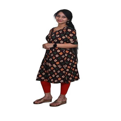 SHRUSTI Stunning Brown Floral Cotton Semi-Umbrella Kurti, Elbow Sleeves, Round Neck Ethnic Wear Kurti/Kurta for Women & Girls