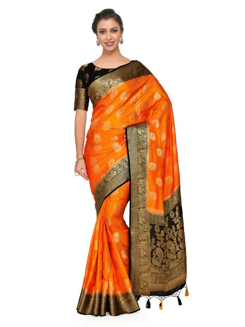 Mimosa Art silk Wedding saree Kanjivarm Pattu style With Contrast Blouse Color: Orange