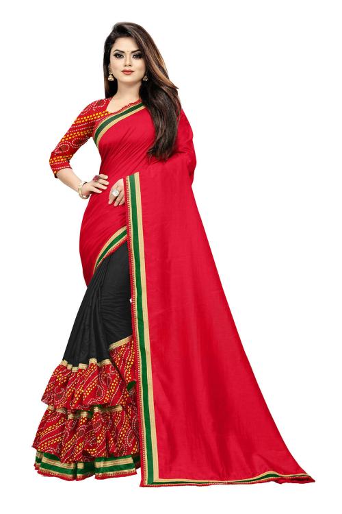 Anjaneya Sarees Red-Black Designer Silk Ruffle Saree