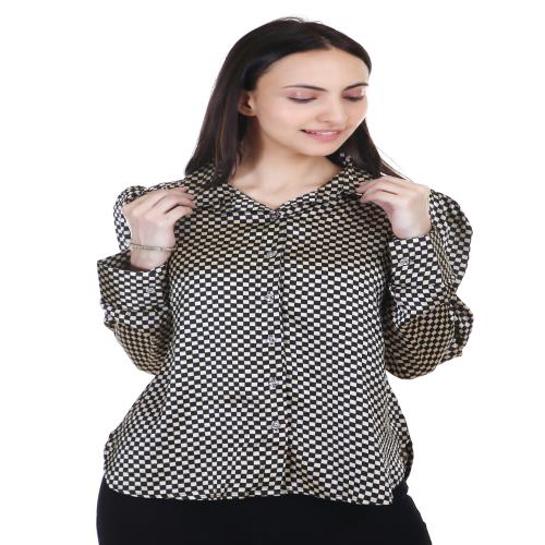 Be Dressed Women's Satin Check black Shirt with Puff Sleeves Casual Shirt | office wear shirt | casual shirt| trendy and stylish shirt