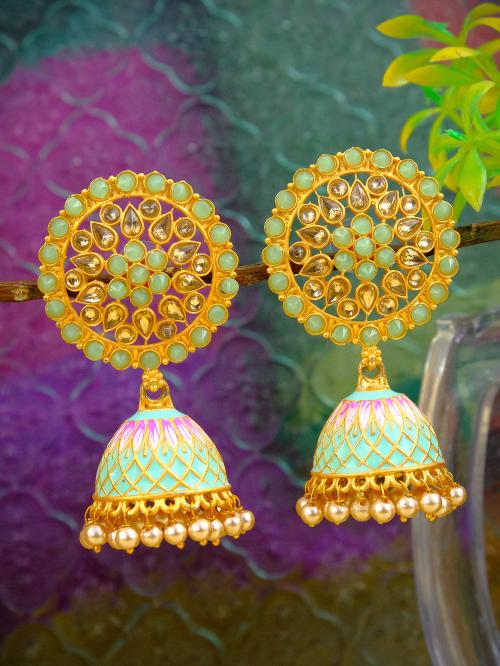 CRUNCHY FASHION Indian Traditional Gold Plated Sea Green Floral Kundan Jhumka Earring Alloy Jhumki Earring ()