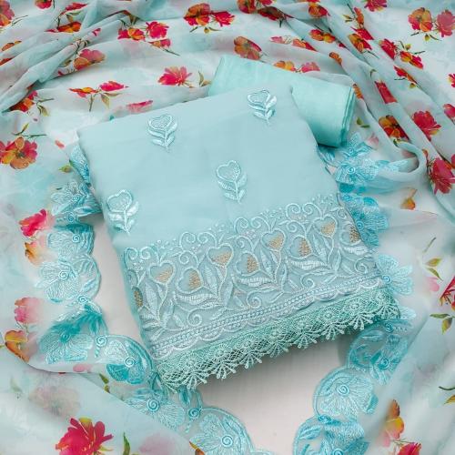 Marabout Sky Blue Colour Embroidered Unstitched Dress Material