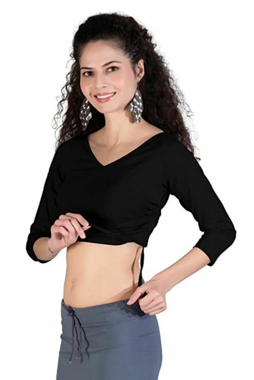 THE BLAZZE B4076 Women Cotton V Neck 3/4 Sleeves Adjustable Drawstring Crop Tops Black Readymade Saree Blouse for Women