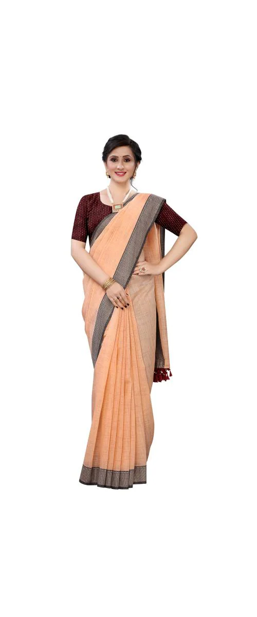 Peora's closet Women Orange Solid Cotton Linen Blend Saree