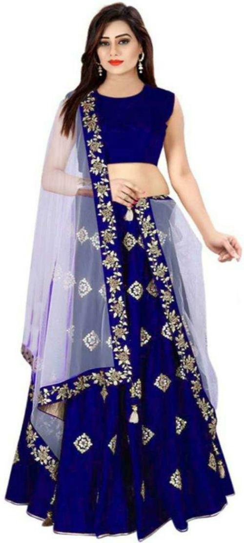 VM TEJANI Women White, Blue Embroidered Pure Silk Lehenga Choli Set With Dupatta