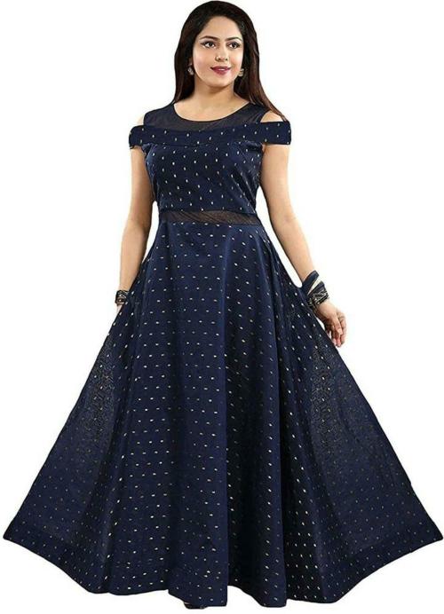 OTABU Women Blue Satin Blend Anarkali Gown