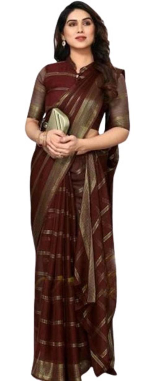 GILUDI Women Maroon Striped Chiffon Single Sarees And Saree Essentials